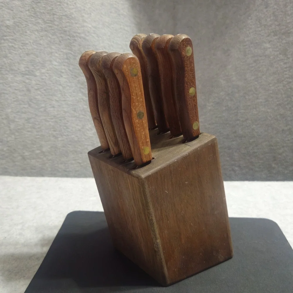 Old Homestead Steak Knife Set 8pc Wood Handles Block Stainless Japan Vintage